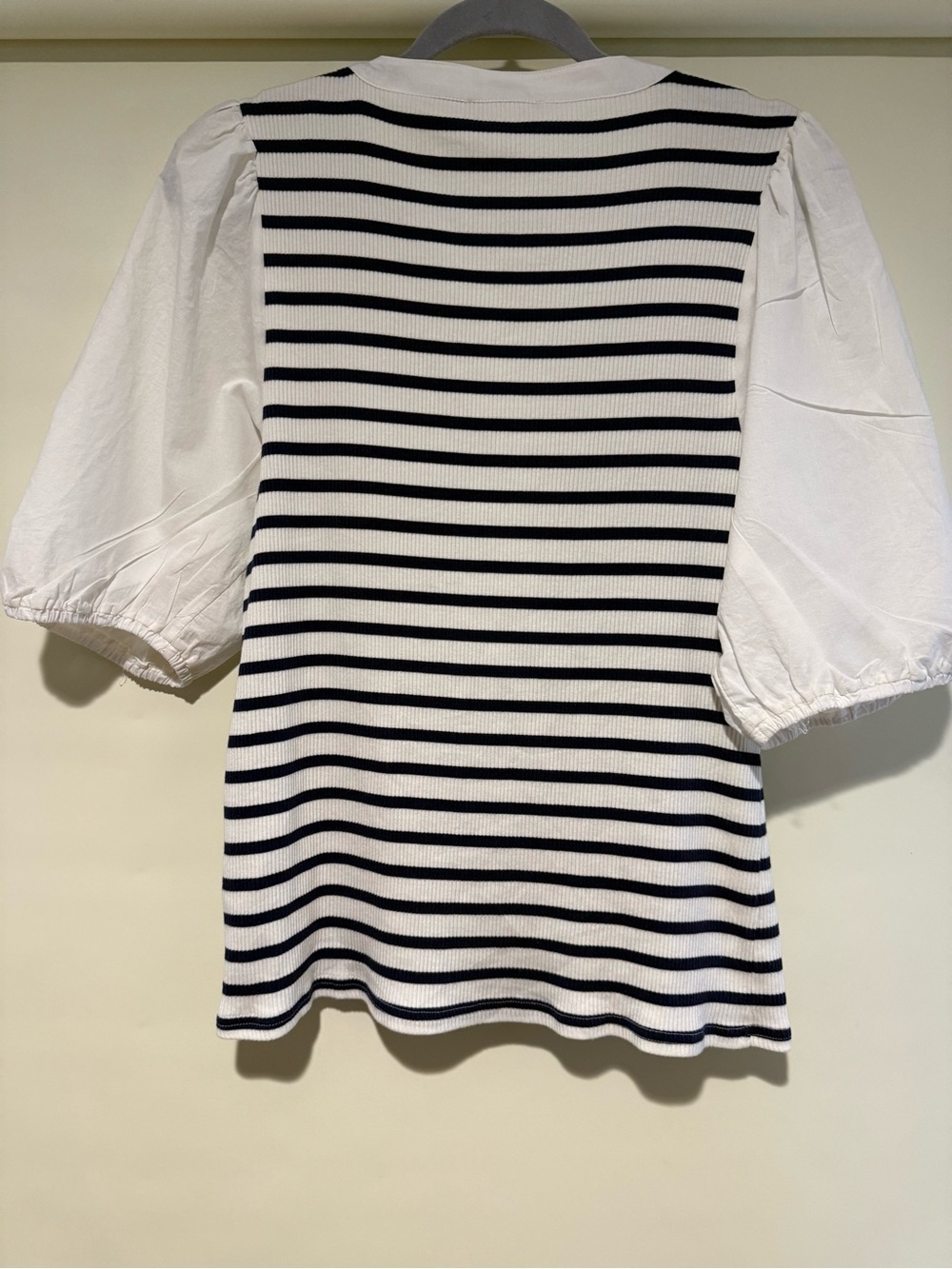 J Crew Ribbed Striped  Navy Blue / White Henley Top with Cotton Sleeves XL - Picture 4 of 9
